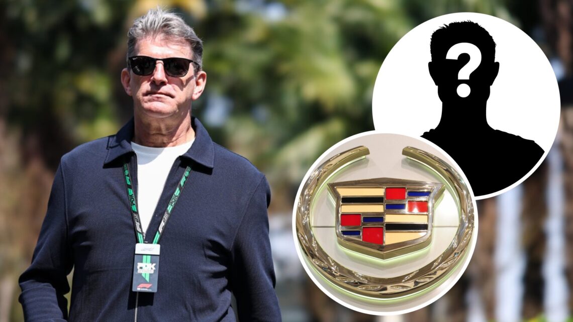 Cadillac team principal Graeme Lowdon in the 2025 F1 Chinese Grand Prix paddock with insets of the Cadillac logo and a mystery person