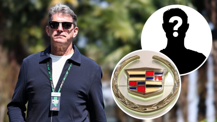 Cadillac team principal Graeme Lowdon in the 2025 F1 Chinese Grand Prix paddock with insets of the Cadillac logo and a mystery person