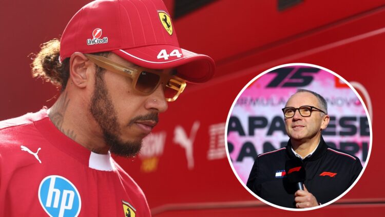 Ferrari driver Lewis Hamilton at the 2025 Belgian Grand Prix, inset F1 CEO Stefano Domenicali