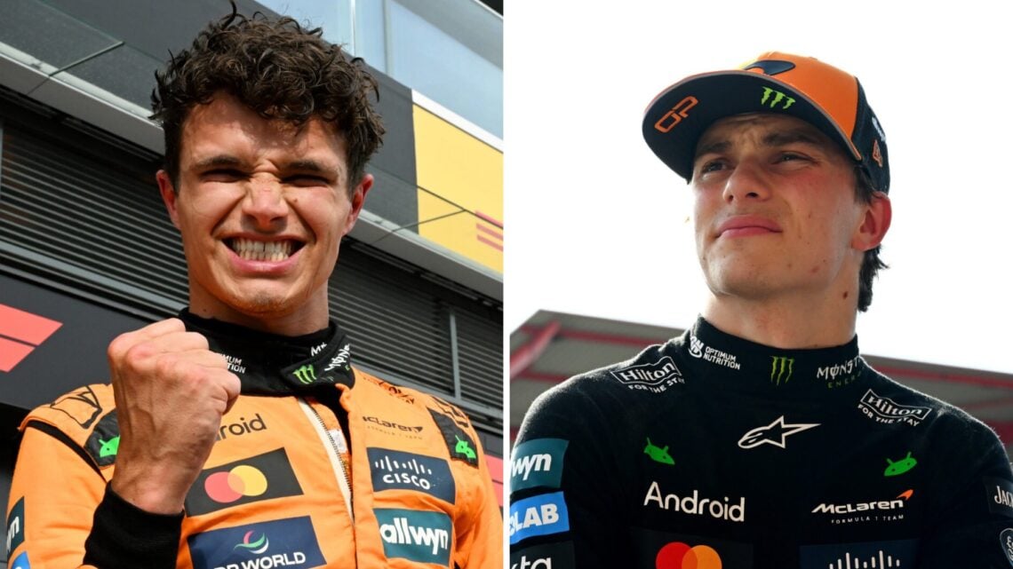 McLaren driver Lando Norris celebrates winning the 2025 F1 Hungarian Grand Prix and Oscar Piastri reacts after the Belgian GP