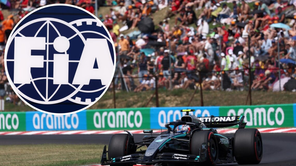 Mercedes driver Kimi Antonelli at the 2025 Hungarian Grand Prix, inset FIA logo