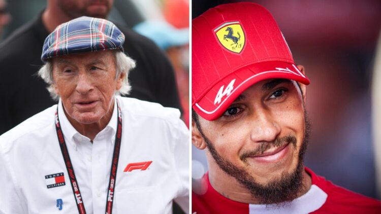 Jackie Stewart attending a Formula 1 race, Ferrari driver Lewis Hamilton at the Hungarian Grand Prix
