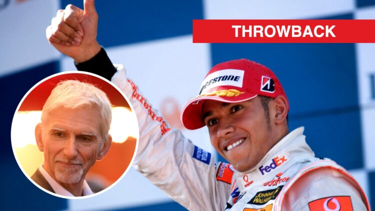 Lewis Hamilton celebrates on the podium after finishing third on his F1 debut for McLaren in the 2007 Australian Grand Prix with an inset of Damon ...