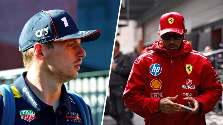 Split image of Max Verstappen (L) at the 2025 Hungarian Grand Prix and Lewis Hamilton (R)