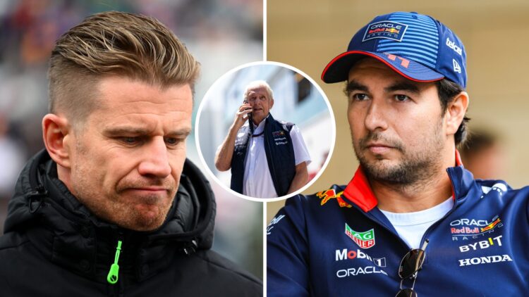 Nico Hulkenberg looking to the ground on the left, Sergio Perez looking past the camera on the right and Helmut Marko on his phone in the overlay i...