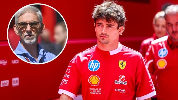 Ferrari driver Charles Leclerc in the paddock at the 2025 Hungarian Grand Prix, inset Damon Hill