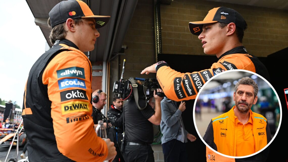 McLaren drivers Oscar Piastri and Lando Norris at the 2025 Belgian Grand Prix, inset Andrea Stella