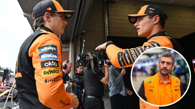 McLaren drivers Oscar Piastri and Lando Norris at the 2025 Belgian Grand Prix, inset Andrea Stella