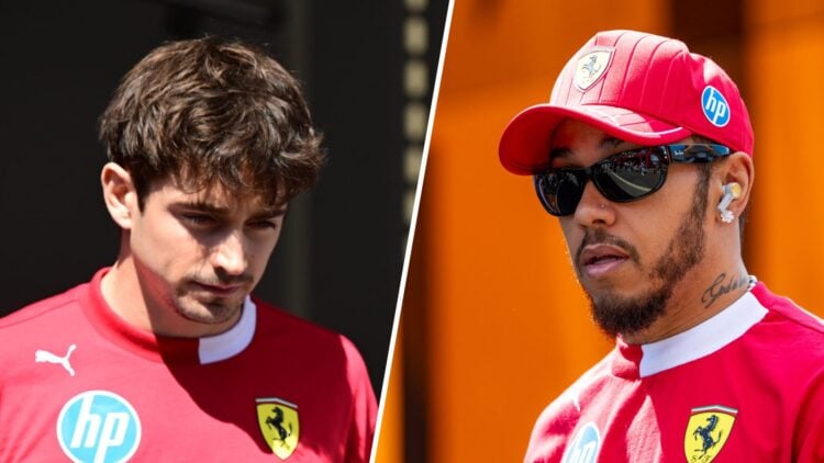 Ferrari drivers Charles Leclerc and Lewis Hamilton in the 2025 F1 Hungarian Grand Prix paddock