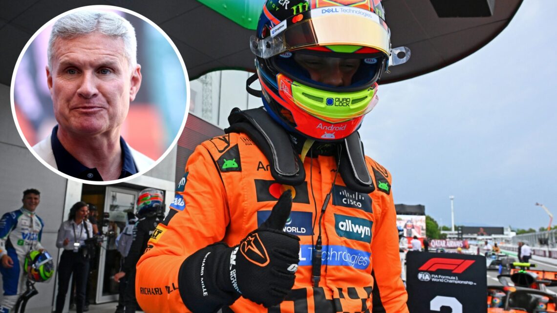 McLaren driver Oscar Piastri celebrates pole position for the 2025 Spanish Grand Prix, inset David Coulthard