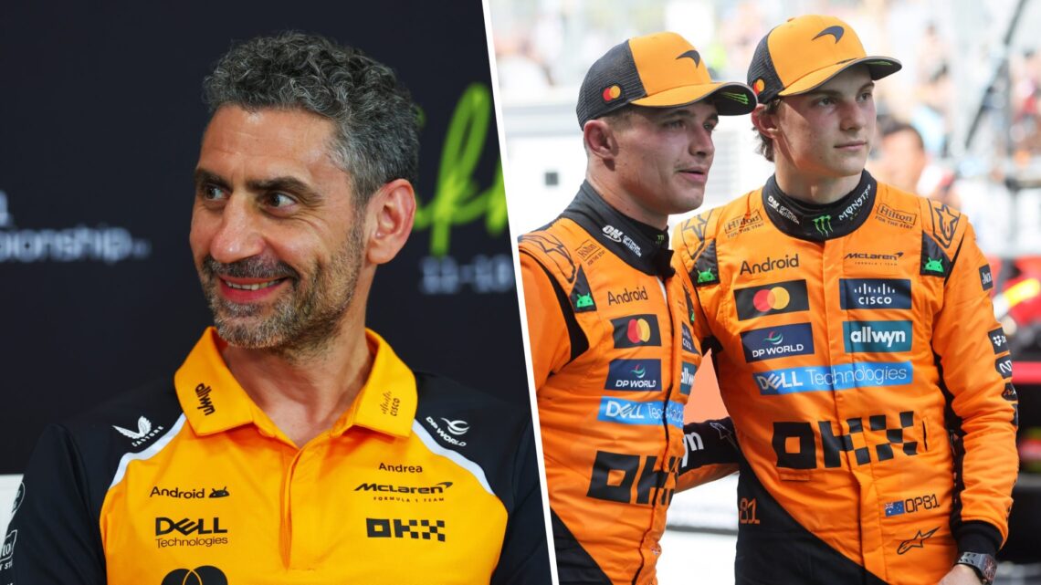Split image of McLaren team principal Andrea Stella (L) and drivers Lando Norris and Oscar Piastri (R)