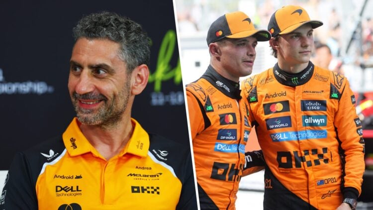 Split image of McLaren team principal Andrea Stella (L) and drivers Lando Norris and Oscar Piastri (R)