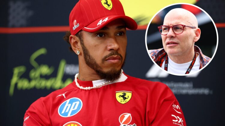 Ferrari driver Lewis Hamilton at the 2025 Belgian Grand Prix drivers' conference, inset Jacques Villeneuve