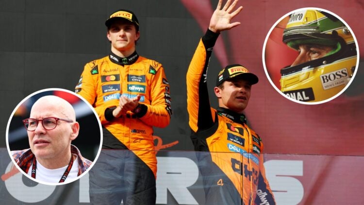 Oscar Piastri of McLaren applauds Lando Norris on the F1 podium; insets of Jacques Villeneuve and Ayrton Senna