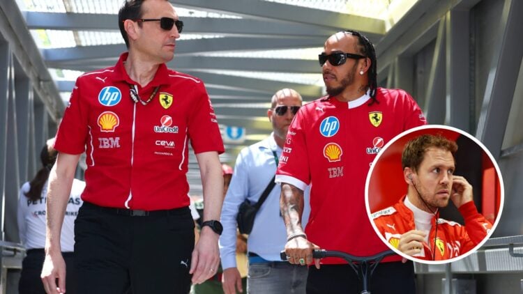 Lewis Hamilton of Ferrari speaks to Riccardo Adami; inset of Sebastian Vettel