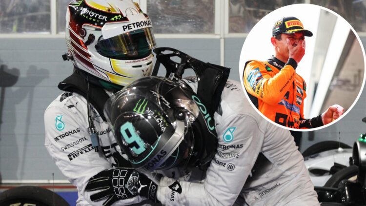 Lewis Hamilton and Nico Rosberg embrace in Mercedes colours; inset of McLaren driver Lando Norris