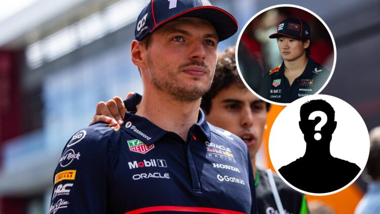 Red Bull driver Max Verstappen at the 2025 Hungarian Grand Prix, insets Yuki Tsunoda and Mystery