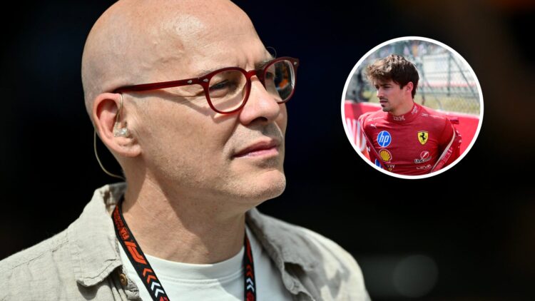 Jacques Villeneuve looking past the camera on the left with Charles Leclerc changing his race suit in the overlay image.