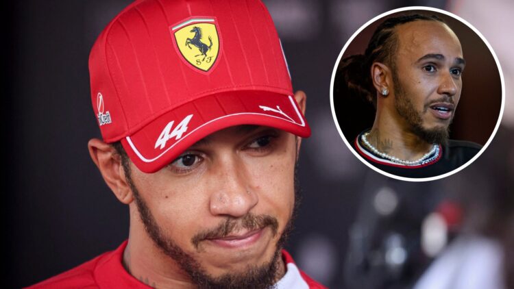 Lewis Hamilton of Ferrari speaks in an interview; inset of him wearing Mercedes colours