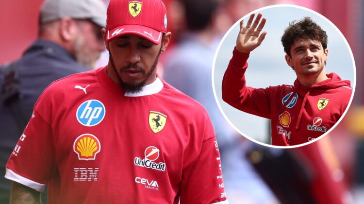Ferrari driver Lewis Hamilton in the 2025 F1 Hungarian Grand Prix paddock with an inset of Charles Leclerc waving to fans