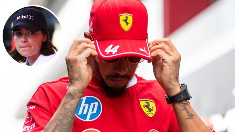 Lewis Hamilton of Ferrari bows his head in the F1 paddock; inset of Jamie Chadwick