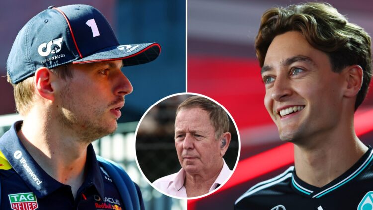 Red Bull driver Max Verstappen arrives in the 2025 F1 Hungarian Grand Prix paddock and Mercedes' George Russell speaks to the media with an inset o...