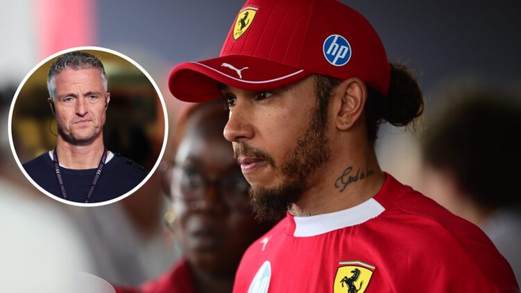 Lewis Hamilton of Ferrari speaks in an interview; inset of F1 pundit Ralf Schumacher