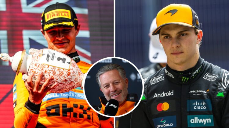 McLaren driver Lando Norris celebrates winning the 2025 F1 Hungarian Grand Prix and Oscar Piastri before qualifying for the British GP with an inse...