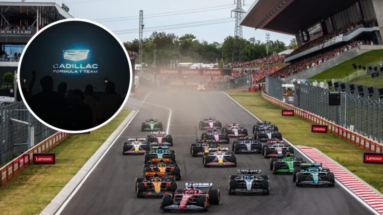The start of the 2025 Formula 1 Hungarian Grand Prix, inset, Cadillac F1 logo