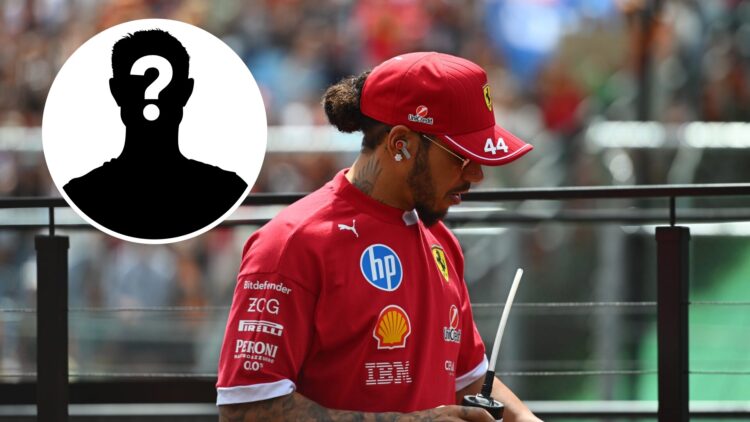 Lewis Hamilton of Ferrari stands on the drivers' parade truck; inset of a mystery F1 driver