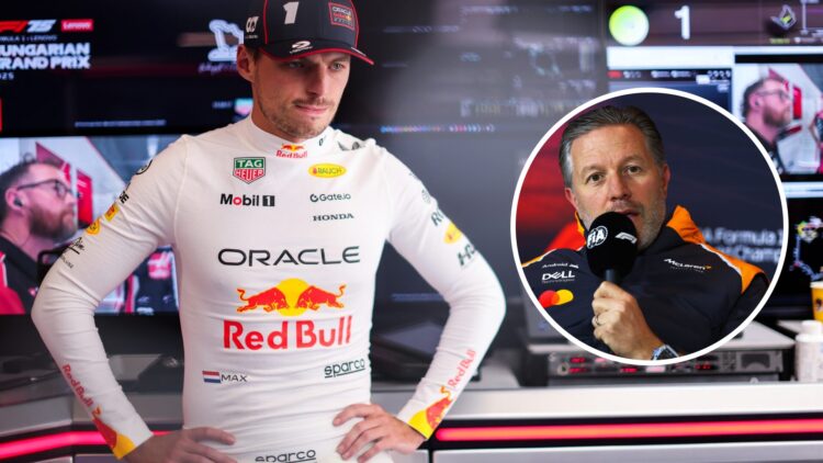 Max Verstappen of Red Bull Racing and Zak Brown of McLaren during the 2025 F1 season