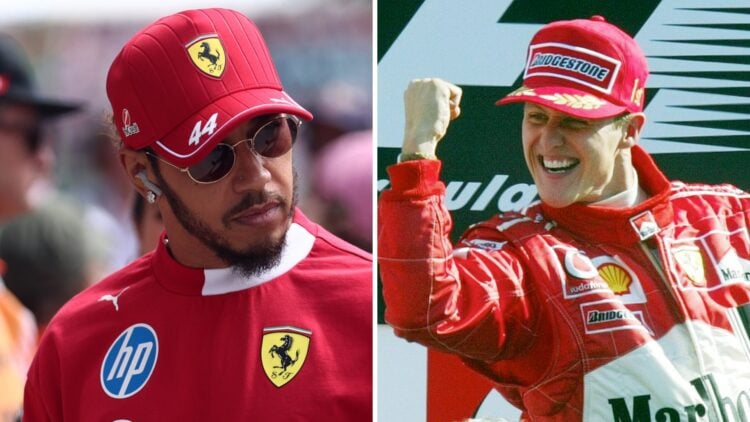 Ferrari driver Lewis Hamilton (left) at the Hungarian Grand Prix, Michael Schumacher (right) celebrating on the podium