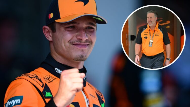 McLaren driver Lando Norris celebrates winning the 2025 F1 Austrian Grand Prix from pole position with an inset of CEO Zak Brown