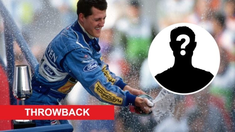 Michael Schumacher of Benetton celebrates winning during the 1994 F1 season