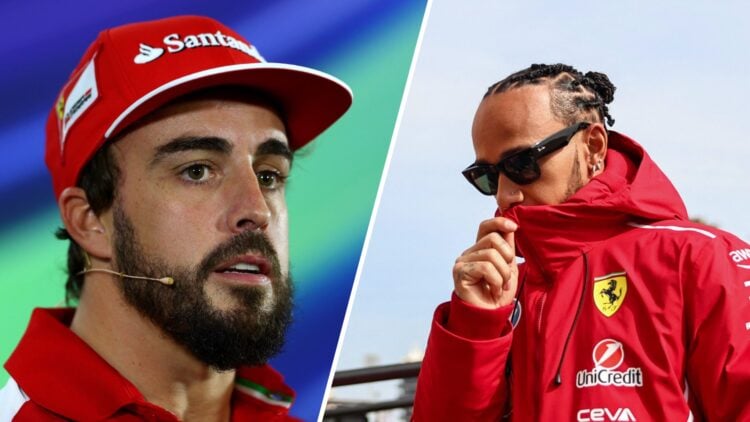 Fernando Alonso appears in a press conference for Ferrari (L); Lewis Hamilton walks through the paddock (R)