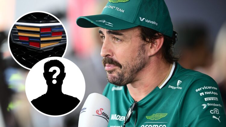 Aston Martin driver Fernando Alonso at the Hungarian Grand Prix, inset, Cadillac logo