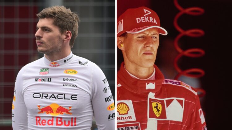 Red Bull driver Max Verstappen at the Hungarian Grand Prix, Ferrari driver Michael Schumacher during the 1999 Formula 1 season