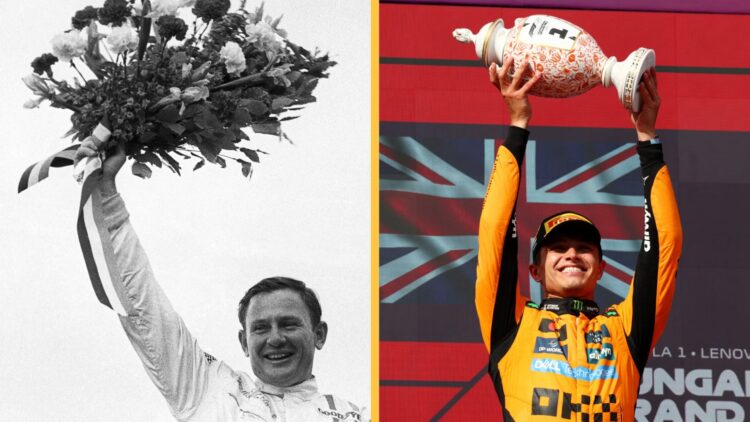 Bruce McLaren (Left) holds up winner's bouquet after McLaren's maiden victory in 1968, Lando Norris (Right) holds the 2025 Hungarian Grand Prix tro...