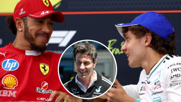 Ferrari driver Lewis Hamilton and Mercedes' Andrea Kimi Antonelli in a press conference at the 2025 F1 Belgian Grand Prix with an inset of Toto Wolff