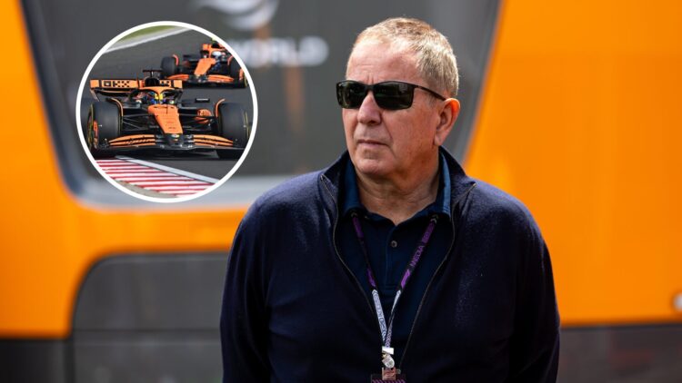 Martin Brundle standing in front of the McLaren motorhome in the F1 paddock, with Lando Norris and Oscar Piastri driving their F1 cars in the overl...