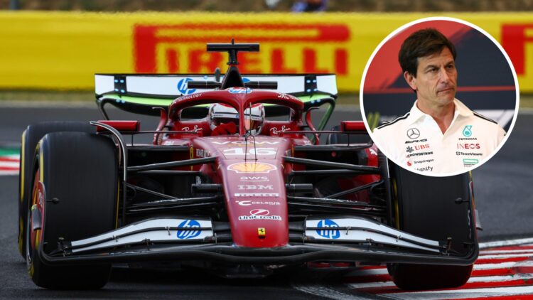 Charles Leclerc drives a Ferrari F1 car; inset of Mercedes team principal Toto Wolff