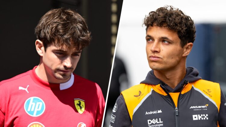 Ferrari driver Charles Leclerc at the 2025 F1 Hungarian Grand Prix and McLaren's Lando Norris in Belgium