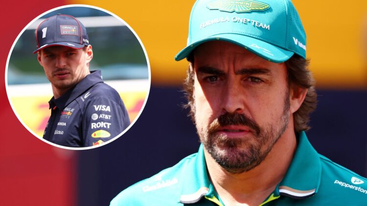 Aston Martin driver Fernando Alonso in the 2025 F1 Hungarian Grand Prix paddock with an inset of Red Bull's Max Verstappen
