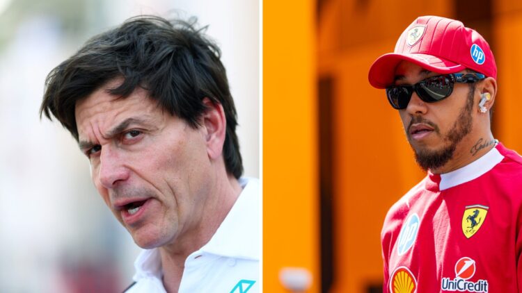 Toto Wolff of Mercedes and Lewis Hamilton of Ferrari during the 2025 Formula 1 season