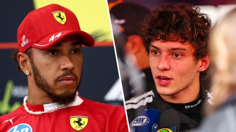 Ferrari's Lewis Hamilton during the drivers' press conference at the 2025 F1 Belgian Grand Prix and Mercedes' Andrea Kimi Antonelli speaks to the m...