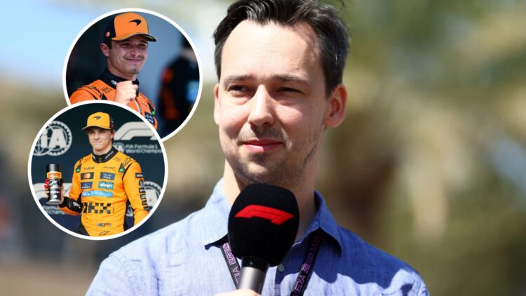 Alex Jacques speaking into an F1 TV microphone, with Lando Norris celebrating a podium and Oscar Piastri celebrating a pole position in the overlay...