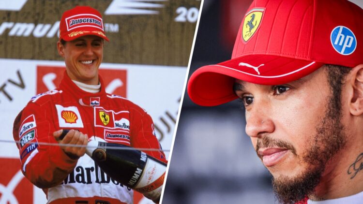 Michael Schumacher (Left) smiling as he sprays champagne after winning the 2001 Japanese Grand Prix. Lewis Hamilton (Right) stares off into the dis...
