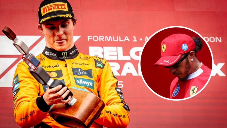 Oscar Piastri of McLaren holds a trophy on the podium; inset of Lewis Hamilton