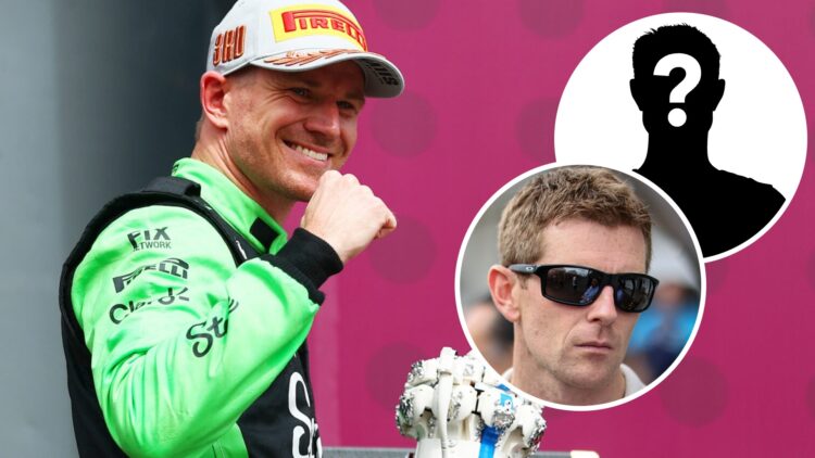 Sauber driver Nico Hulkenberg celebrates his P3 in the 2025 F1 British Grand Prix on the podium with an inset of Anthony Davidson