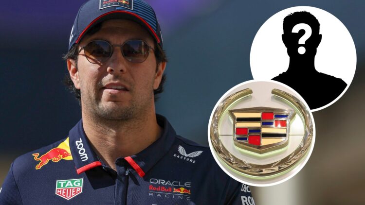 Sergio Perez in the 2024 F1 Abu Dhabi Grand Prix paddock with an inset of the Cadillac logo and a mystery person figure